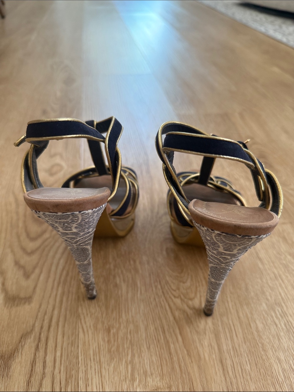 YSL Tribute 105 Navy Suede High Heel Sandals with Gold Trim - Picture 4 of 6